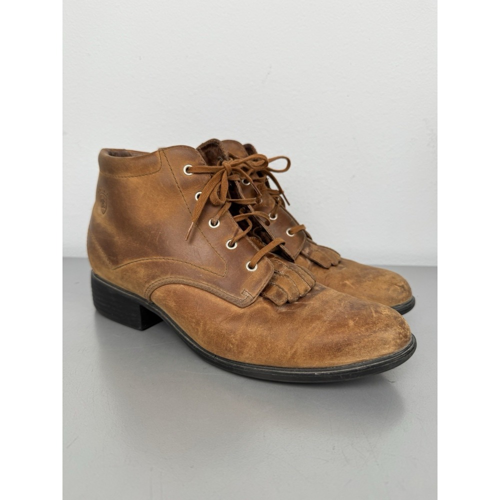 Ariat Josie Brown Leather Boots Womens 8.5 B Lace Up Fringe Kiltie Western Work